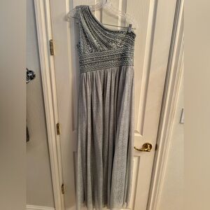 Adrianna Papell Silver Blue Beaded Evening Dress